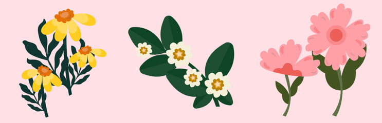 Set Cute Flower Spring Flat Design
