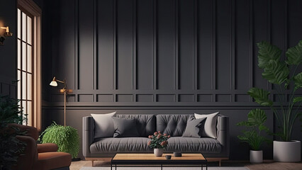 modern Dark matte living room interior simple an clean with empty mock up place on wall. 3D rendering. Generative ai