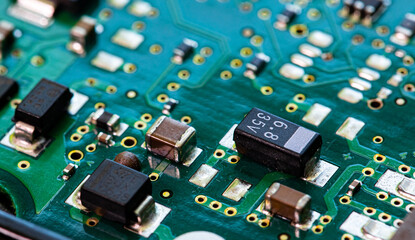 Macro Close up of components and microchips on PC circuit board