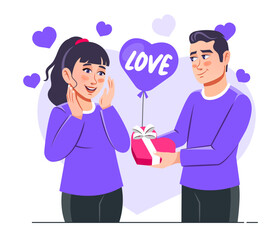 Young boy giving heart shaped Chocolate Box to girl on Chocolate day feeling in love illustration. Flat style vector scene isolated on white background for blogging, website, landing page.