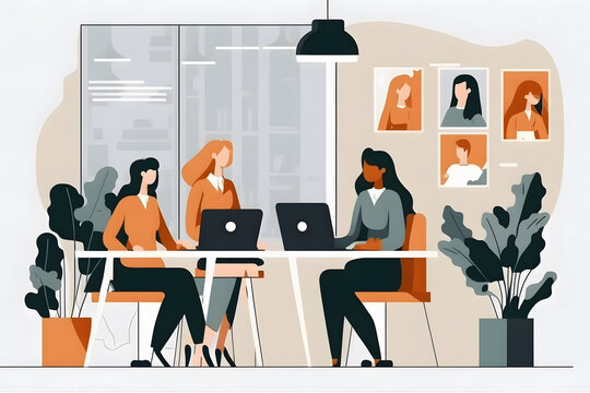 women in office making video call, vector art, digital illustration