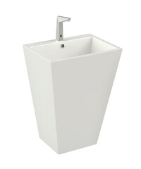 Ceramic pedestal wash basin with sensor faucet on transparent background