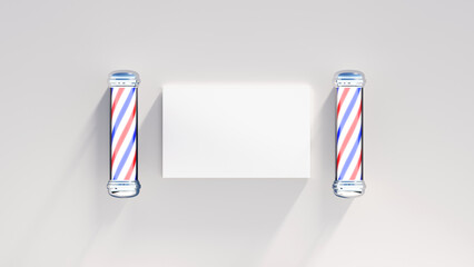 High quality 3d render of two barbershop poles with a poster in between. Copy space for text. Mockup for design