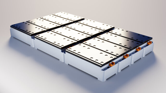 A set of EV battery modules assembled from prismatic lithium cells. 3D render