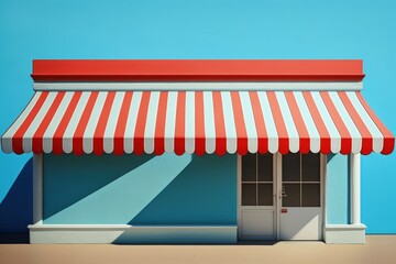 Shop illustration with red and white awning, blue background. Generative AI