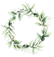 Arrangement frame with green branches and leaves. Watercolor painted floral wreath.. Cut out hand drawn PNG illustration on transparent background. Watercolour isolated clipart drawing. © satika