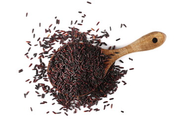 Organic black rice in wooden spoon isolated on white, top view