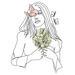 Fototapeta premium Woman face with butterfly. Line art vector. Abstract face with butterfly by one line drawing. Portrait minimalistic style. Botanical print. Nature symbol of cosmetics. 
