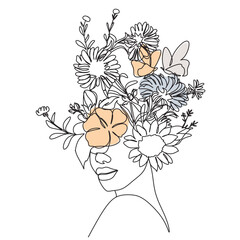 Woman face with  flowers. Abstract face with butterfly by one line drawing. Portrait minimalistic style. Botanical print. Nature symbol of cosmetics