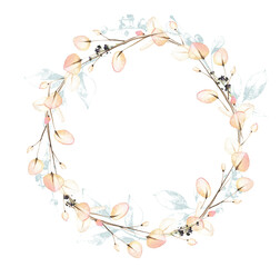 Arrangement frame with blue and pink branches, leaves. Watercolor painted floral wreath.. Cut out hand drawn PNG illustration on transparent background. Watercolour isolated clipart drawing.