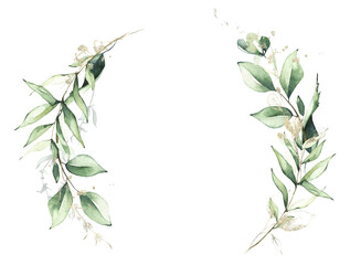 Arrangement frame with green branches and leaves and golden graphic elements. Watercolor painted floral wreath. Cut out hand drawn PNG illustration on transparent background. Isolated clipart.