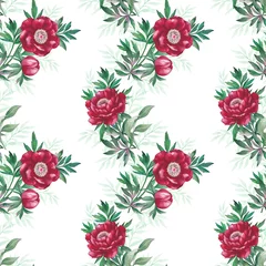 Behang Bloemen Seamless pattern with beautiful peonies on a white background. Watercolor illustration.