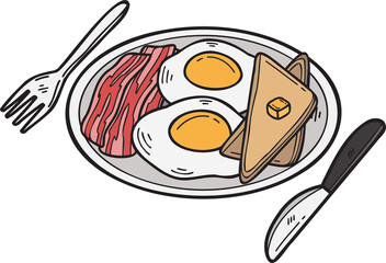 Hand Drawn Fried eggs and bacon on a plate illustration in doodle style