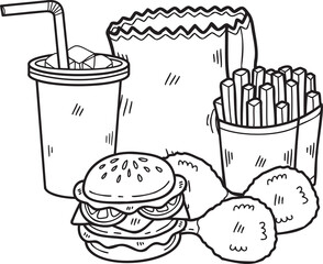 Hand Drawn Fast Food Set illustration in doodle style