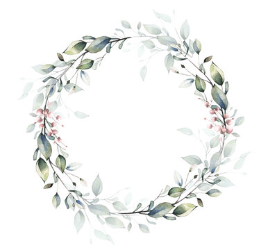 Watercolor painted floral frame. Green and pink wreath with branches and leaves. Cut out hand drawn PNG illustration on transparent background. Watercolour isolated clipart drawing.