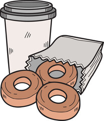 Hand Drawn donuts and paper cups illustration in doodle style