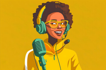 woman with positive attitude, podcast host, singer, with microphone, art, vector illustration,