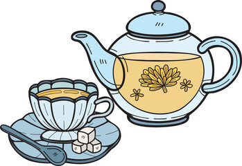 Hand Drawn English style tea set illustration in doodle style