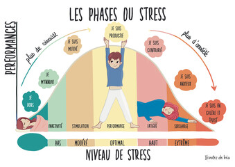 Stress and Performance Curve. Educational illustration of the phases of stress for adults and children. Isolated  image