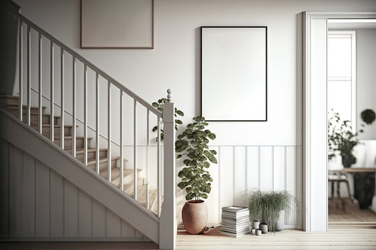 Mockup poster black frame in the corner of stairs. Modern Scandi clean white wood style interior design, minimalist style apartment house background.