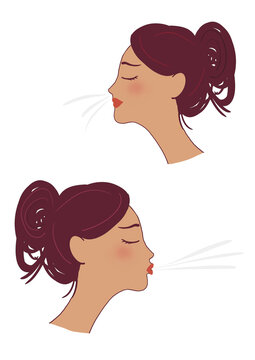 Illustration of a woman breathing in and out. Concept of mindfulness breathing. Exercice inhale-exhale. Hand-drawn. Isolated image.