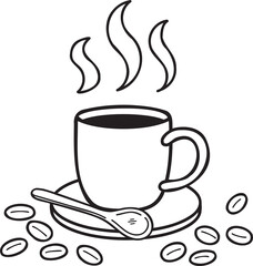 Hand Drawn Cup of hot coffee and coffee beans illustration in doodle style
