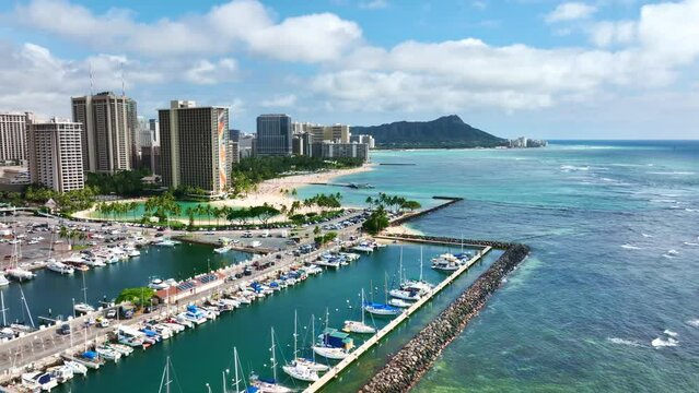 Drone Hawaii. Ala Moana harbor in Honolulu city. tourism destination on Oahu. 