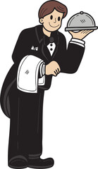 Hand Drawn Waitress in a restaurant illustration in doodle style