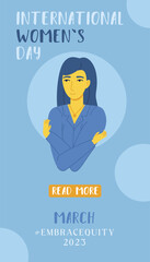 Embrace equity woman embrace yourself 2023 vertical poster. International womens day concept, self love, self care.