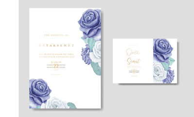 elegant watercolor floral wedding stationery with navy blue flower and leaves 
