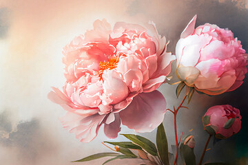 Obraz premium Watercolor illustration light pink peony flower on a stem with buds. AI Generated