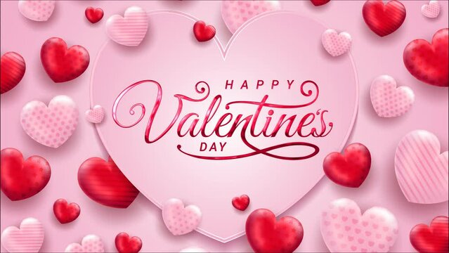 Happy valentines day greeting animation text, lettering with love ornament in pink background, for banner, social media feed