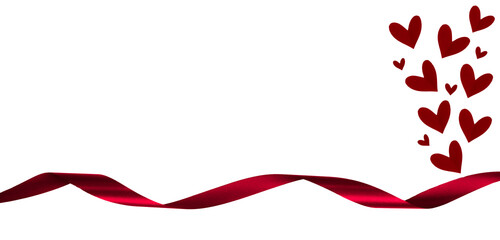 Red hearts with red ribbon isolated on transparent background. PNG image