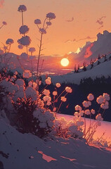 Snowy flowers, sunset. Generative AI.
