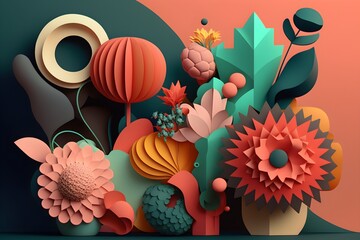 3D illustration of floral arrangement and abstract shapes created with Generative AI