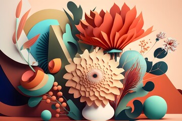 Abstract 3D illustration of big flower arrangement created with Generative AI