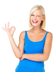 Obraz na płótnie Canvas Happy woman, portrait smile and OK sign for approval, satisfaction or perfection isolated against a white studio background. Blond female standing and showing okay hand gesture with wink for good job