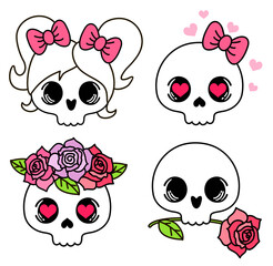 Set of Cute Cartoon skulls with flowers, bow and hearts on a white background. Sticker of tattoo in traditional style of a skull and rose. Cute lovers skulls