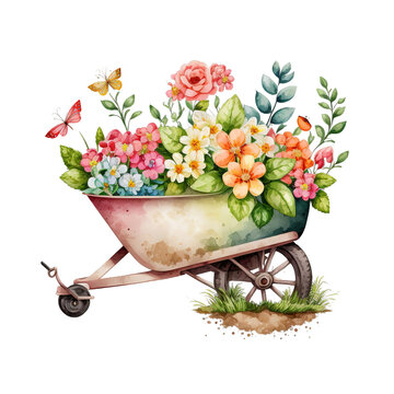 Cute  Spring  Florals Wheelbarrow Watercolor C  PNG Transparent Files,Generative AI