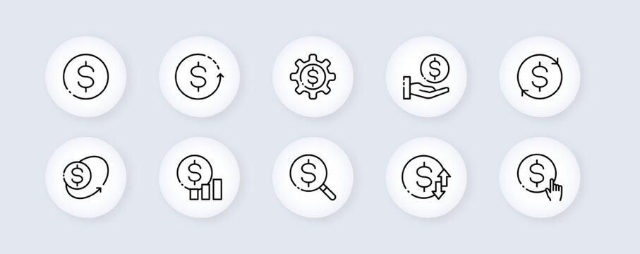 Money set icon. Euro bills, cents, cash, currency, coins, arrows, bag, transfer, transaction, accrual. Financial management concept. Neomorphism style. Vector line icon for Advertising