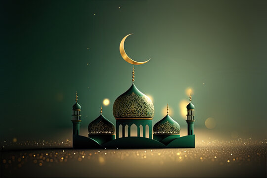 Muslim mosque beautiful illustration, glitter, green and golden mosque, with the moon, old theme, Generative Ai,