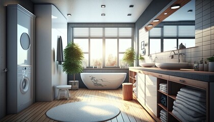 bight modern minimalist luxury White color Bathroom 3d Rendering. Generative Ai