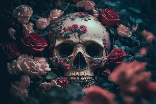 Skull and roses on a black background. AI
