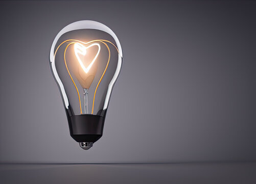 bulb glowing with a heart-shaped filament created with Generative AI technology