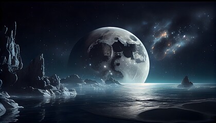 Moon and Ocean in Space. Desktop Background of Space. The Universe and the Stars. Moon, Stars, comets, space, moon dust, aliens.