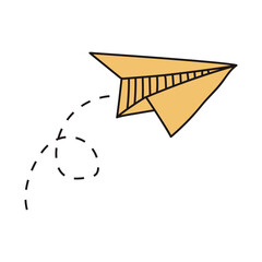 Doodle paper plane. Hand drawn airplane with outline curve routes, simple line handmade origami aircraft, travel symbol and message delivery concept. Vector isolated