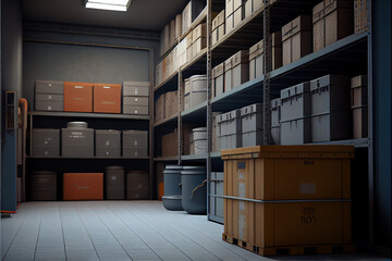 Small store room for storing products, goods and boxes | Interior of a warehouse | Small factory | Generative Ai