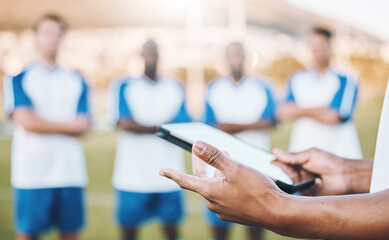 Football, soccer and team statistics on a tablet and coach analysis online, internet or website on...