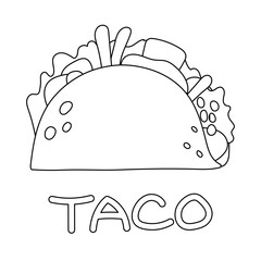 Mexican fast food Taco with meat, vegetable and tortilla. Vector illustration in flat style.