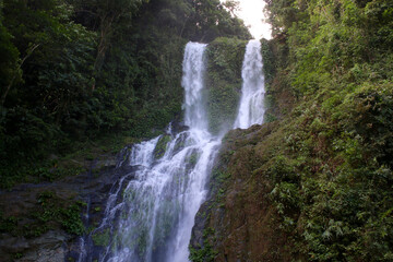 Fototapeta na wymiar Cascade waterfall. Waterfall in the jungle, on a tropical island. Two streams of water form a waterfall.